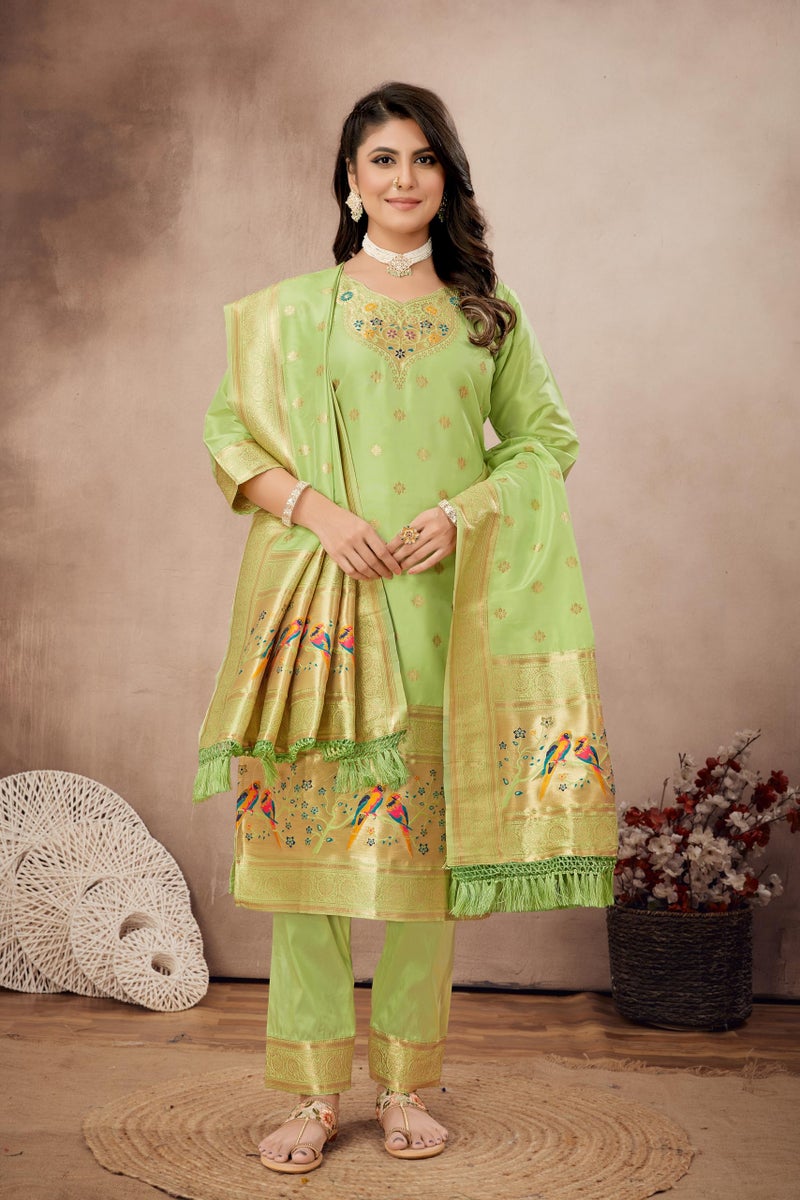 AMIRAT Women's Pure Silk Paithani Suit | Full Sleeves Zari Work | Unstitched Kurta set With Dupatta | Dress Material (Pista) - Image 2