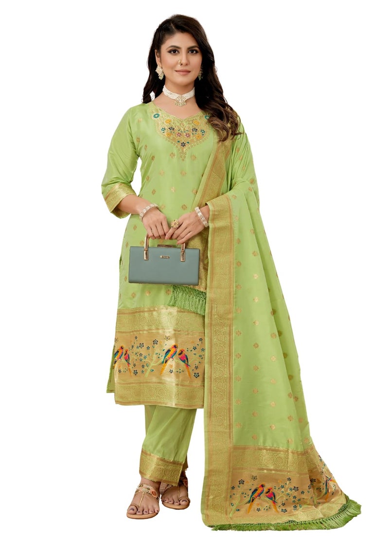 AMIRAT Women's Pure Silk Paithani Suit | Full Sleeves Zari Work | Unstitched Kurta set With Dupatta | Dress Material (Pista) - Image 1