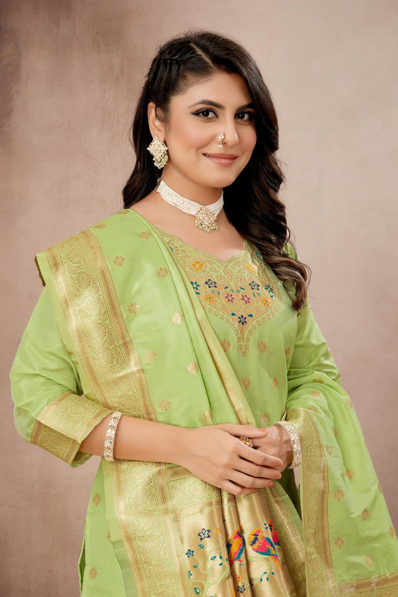 AMIRAT Women's Pure Silk Paithani Suit | Full Sleeves Zari Work | Unstitched Kurta set With Dupatta | Dress Material (Pista) - Image 4