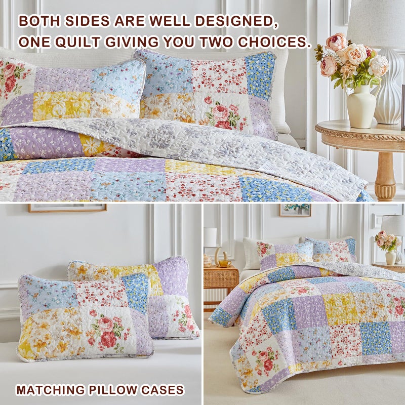 Joyreap Floral Cotton Quilt Set, Colorful Flowers Grid Patchwork Design, 3 Pieces Queen Size Quilt Bedding Set, Soft n Cozy Bedspread Bed Cover for All Season- 90x90 inches - Image 5