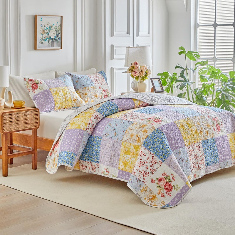 Joyreap Floral Cotton Quilt Set, Colorful Flowers Grid Patchwork Design, 3 Pieces Queen Size Quilt Bedding Set, Soft n Cozy Bedspread Bed Cover for All Season- 90x90 inches - Image 2