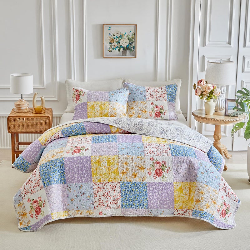 Joyreap Floral Cotton Quilt Set, Colorful Flowers Grid Patchwork Design, 3 Pieces Queen Size Quilt Bedding Set, Soft n Cozy Bedspread Bed Cover for All Season- 90x90 inches - Image 3