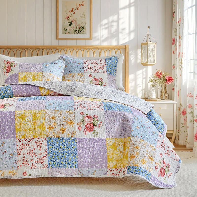 Joyreap Floral Cotton Quilt Set, Colorful Flowers Grid Patchwork Design, 3 Pieces Queen Size Quilt Bedding Set, Soft n Cozy Bedspread Bed Cover for All Season- 90x90 inches - Image 1