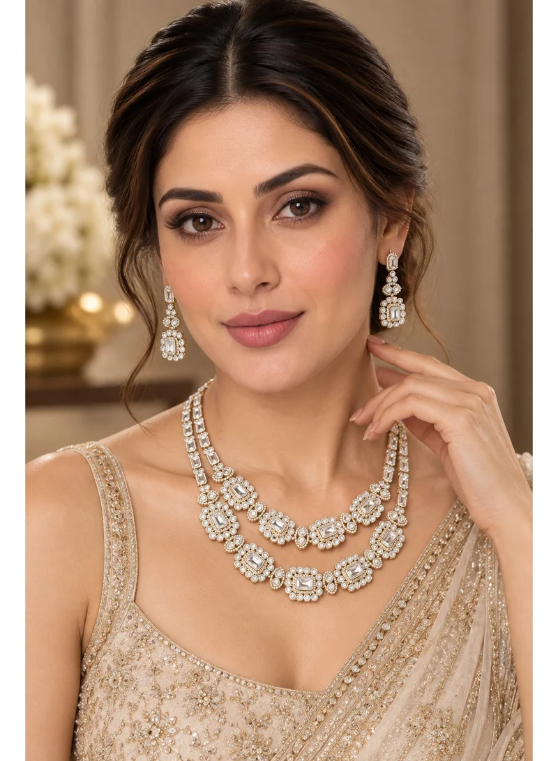 Lehar Gold-Tone White Stone Double Layer Necklace Set with Drop Earrings - Indian Bridal & Party Jewelry