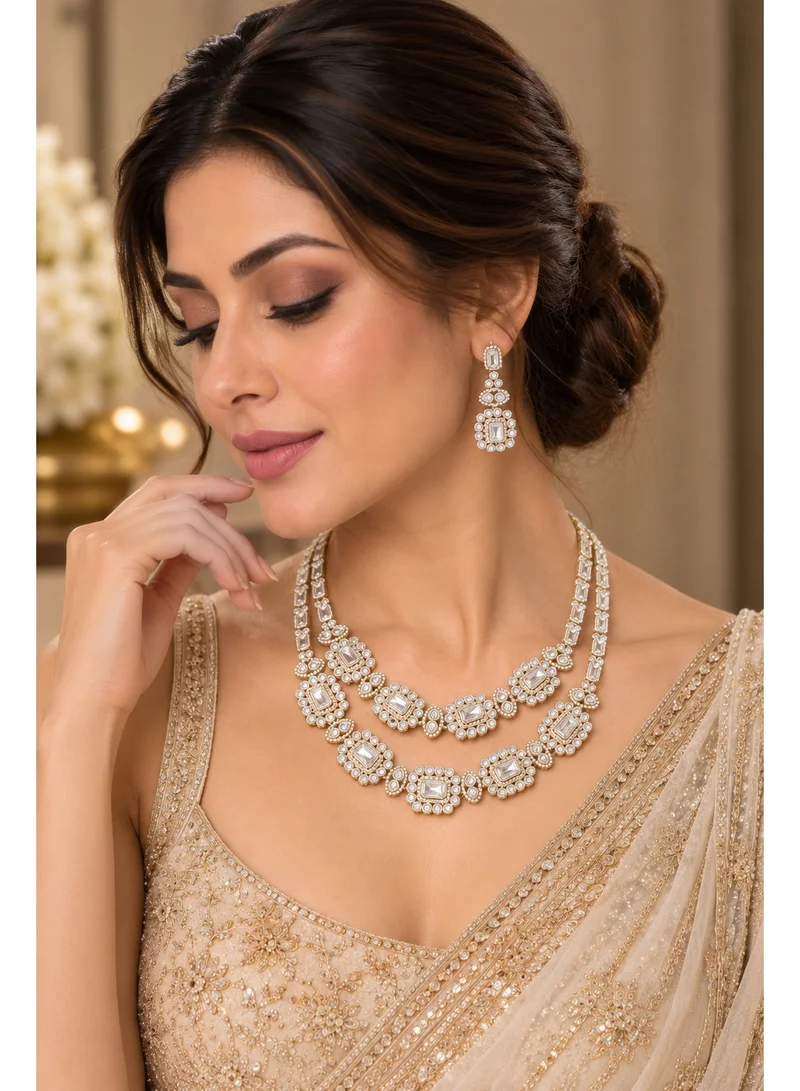 Lehar Gold-Tone White Stone Double Layer Necklace Set with Drop Earrings - Indian Bridal & Party Jewelry