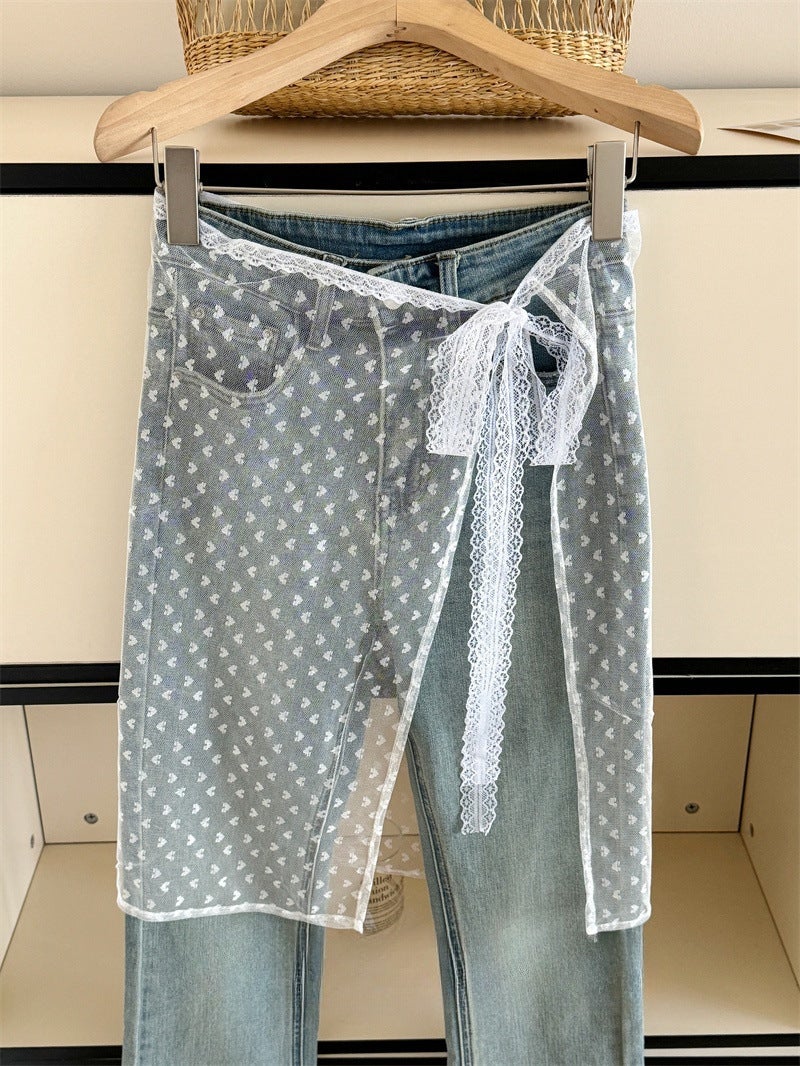 Korean Floral Lace Layering Skirt White love heart