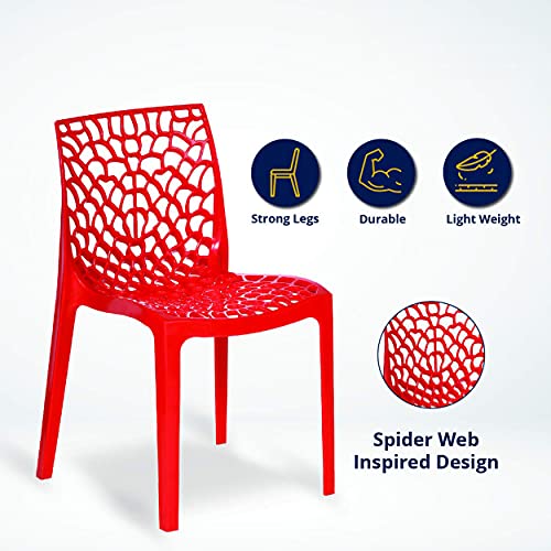 Binani Web Designer Plastic Chair for Home, Office and Restaurant and Cafe|Armless Chair for Dining Room| Heavy Duty Outdoor Plastic Chair | Designer Balcony Chair (Red, Set of 4) - Image 4