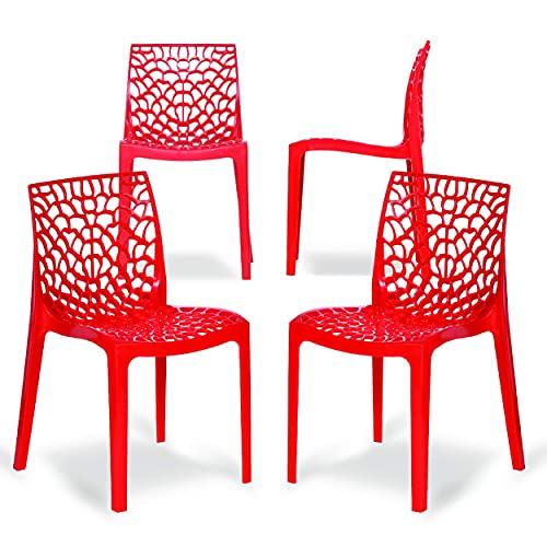 Binani Web Designer Plastic Chair for Home, Office and Restaurant and Cafe|Armless Chair for Dining Room| Heavy Duty Outdoor Plastic Chair | Designer Balcony Chair (Red, Set of 4) - Image 1