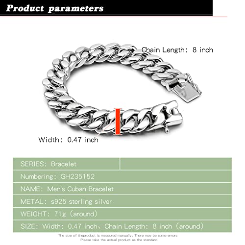 Dankadi Men 925 Sterling Silver Solid Miami Cuban Link Chain Bracelet -10MM - 12MM- Curb Cuban Bangle 7" 7.5" 8" 8.5" 9" 9.5"10" Thick Big Link Man Jewelry Gift (Double Safety Clasp 12MM, 7 inches) - Image 3