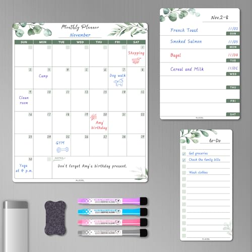 ALEZEL Dry Erase Fridge Calendar Magnetic Greenery White Board Calendar Dry Erase for Refrigerator Set of Vertical Monthly Weekly Calendar for Fridge with 1 List Board 4 Markers Eraser - Image 1