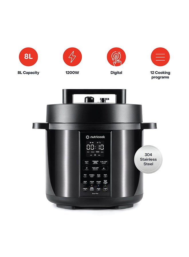Electric Pressure Cooker,8 Liters, Smart Pot 2, 9 In 1 Rice Cooker, Slow Cooker, Steamer, Sauté Pot, Yogurt Maker & More, 12 Smart Programs With New Smart Lid, 2 Years Warranty 8 L 1200 W NC-SP208K Black