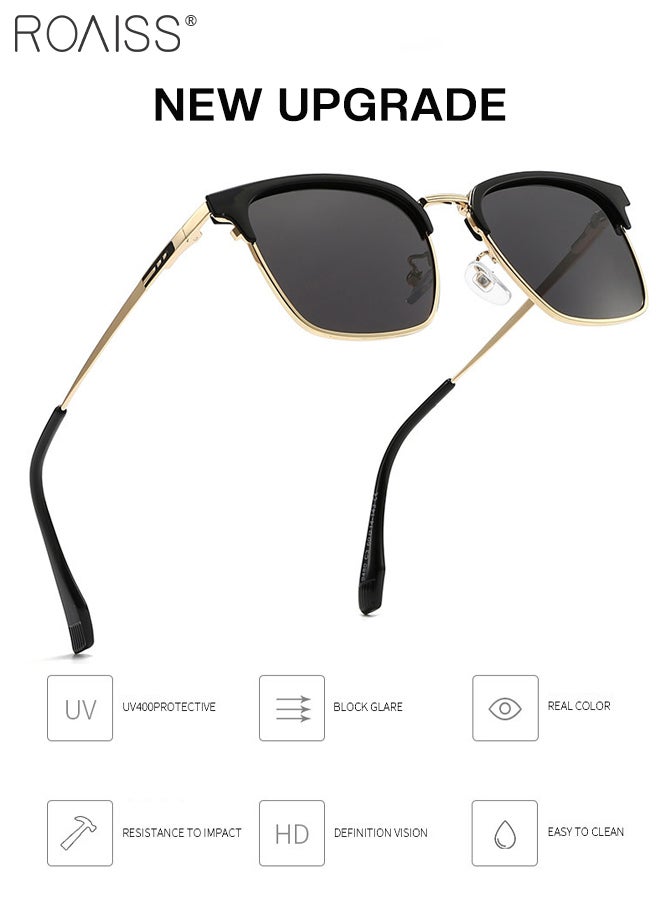 Polarized Square Sunglasses for Men, UV400 Protection Sun Glasses with Metal Frame, Fashion Anti-Glare Sun Shades for Driving,Cycling,Fishing, Traveling Gold 60mm