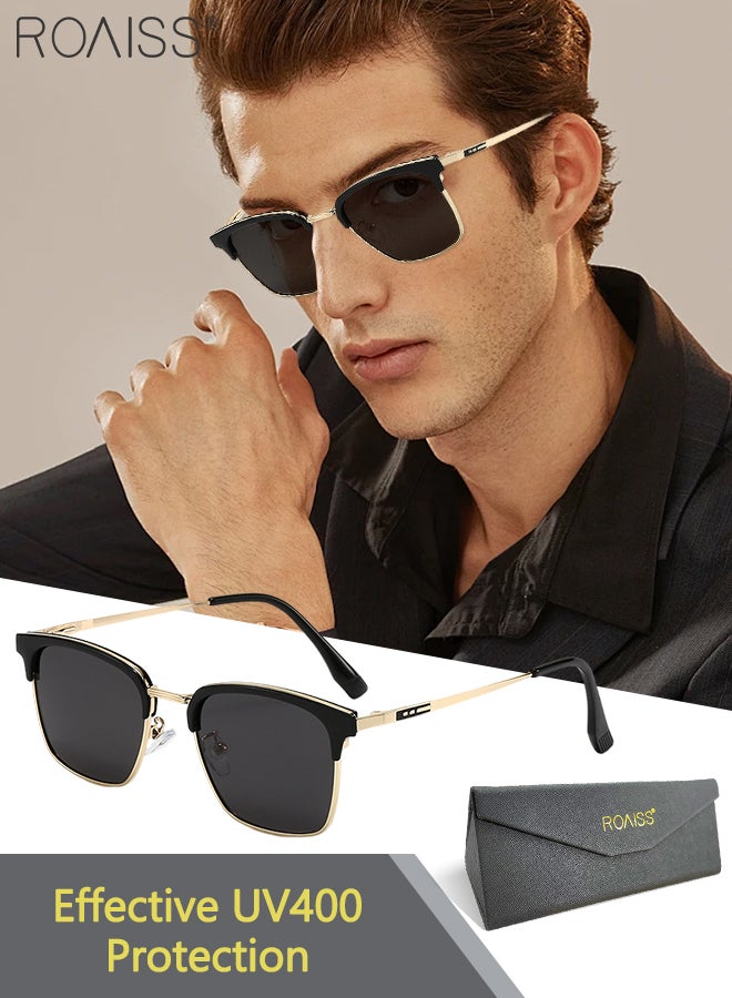 Polarized Square Sunglasses for Men, UV400 Protection Sun Glasses with Metal Frame, Fashion Anti-Glare Sun Shades for Driving,Cycling,Fishing, Traveling Gold 60mm