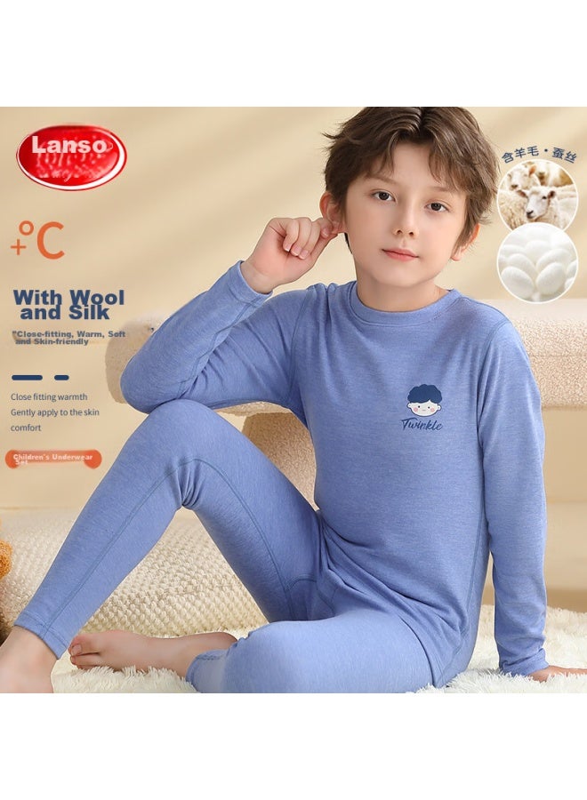 LANG SHA Langsha [wool + Silk] Children's Thermal Underwear, Boys And Girls Autumn And Winter Thickened Undershirt And Pants, Pajama Set  - Image 1