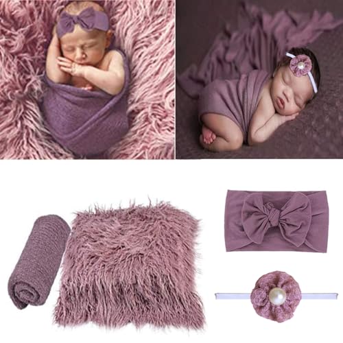 SPOKKI SPOKKI 4 Pcs Newborn Photography Props Outfits Baby Long Ripple Wrap and Toddler Swaddle Blankets Photography Mat with Cute Headbands for Infant Boys Girls012 Months Purple