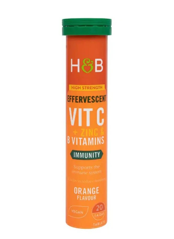 H&B H&B High Strength Vitamin C, Zinc & B Vitamins, Orange Flavoured Effervescent Tablets For Immunity, Pack of 20's 