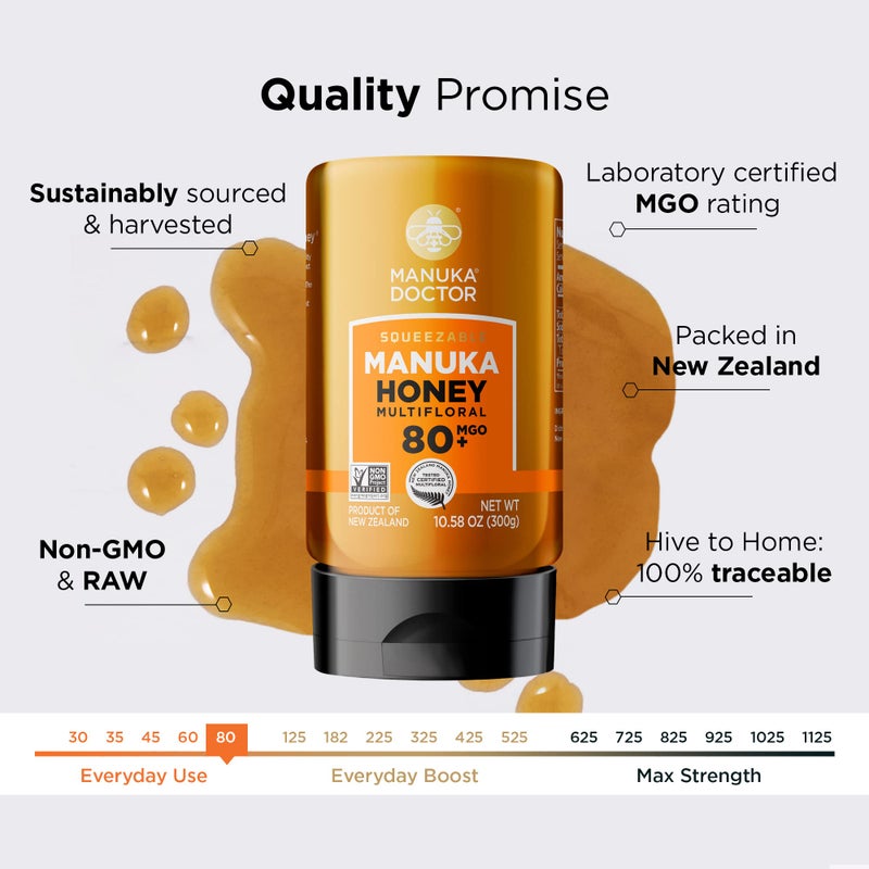 Manuka Doctor - MGO 80+ Squeezy Manuka Honey Multifloral, 100% Pure New Zealand Honey. Certified. Guaranteed. Raw. Non-GMO (10.58 oz) - Image 2