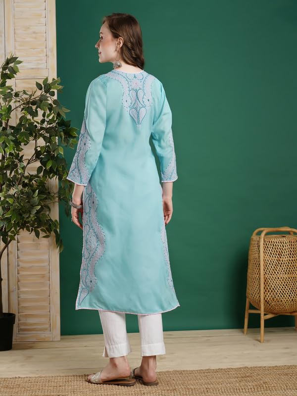 Ada Women Cotton Blend Regular Hand Embroidered Lucknowi Chikankari Staright Kurta Kurti A238167 (L) Blue - Image 2