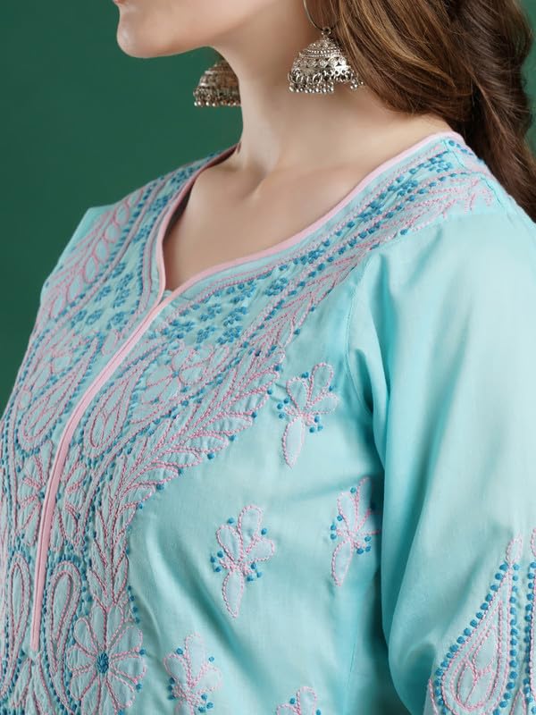 Ada Women Cotton Blend Regular Hand Embroidered Lucknowi Chikankari Staright Kurta Kurti A238167 (L) Blue - Image 5
