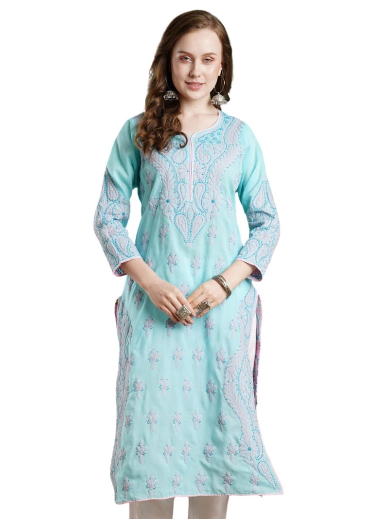 Ada Women Cotton Blend Regular Hand Embroidered Lucknowi Chikankari Staright Kurta Kurti A238167 (L) Blue - Image 1