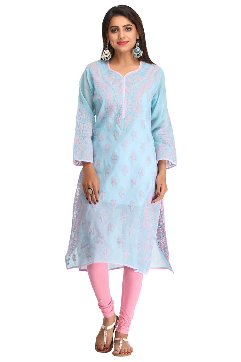 Ada Women Cotton Blend Regular Hand Embroidered Lucknowi Chikankari Staright Kurta Kurti A238167 (L) Blue - Image 4
