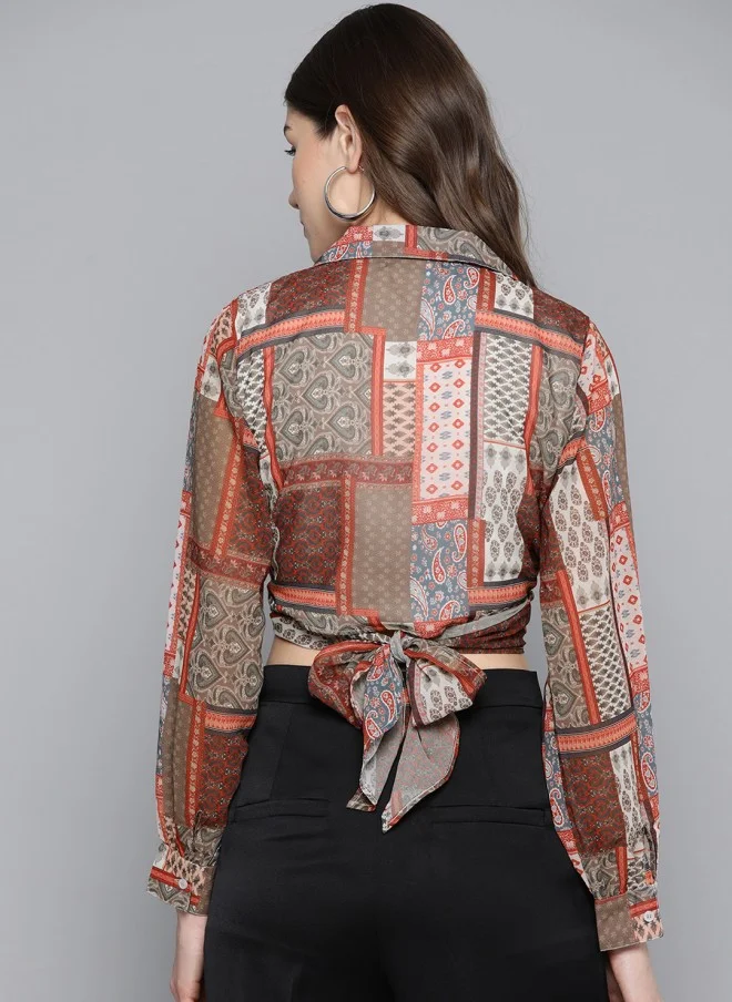 ساسافراس Geometric Printed Brown & Red Wrap Crop Top for Women