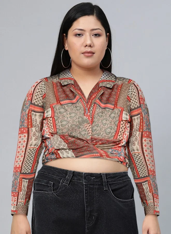 ساسافراس Geometric Printed Brown & Red Wrap Crop Top for Women