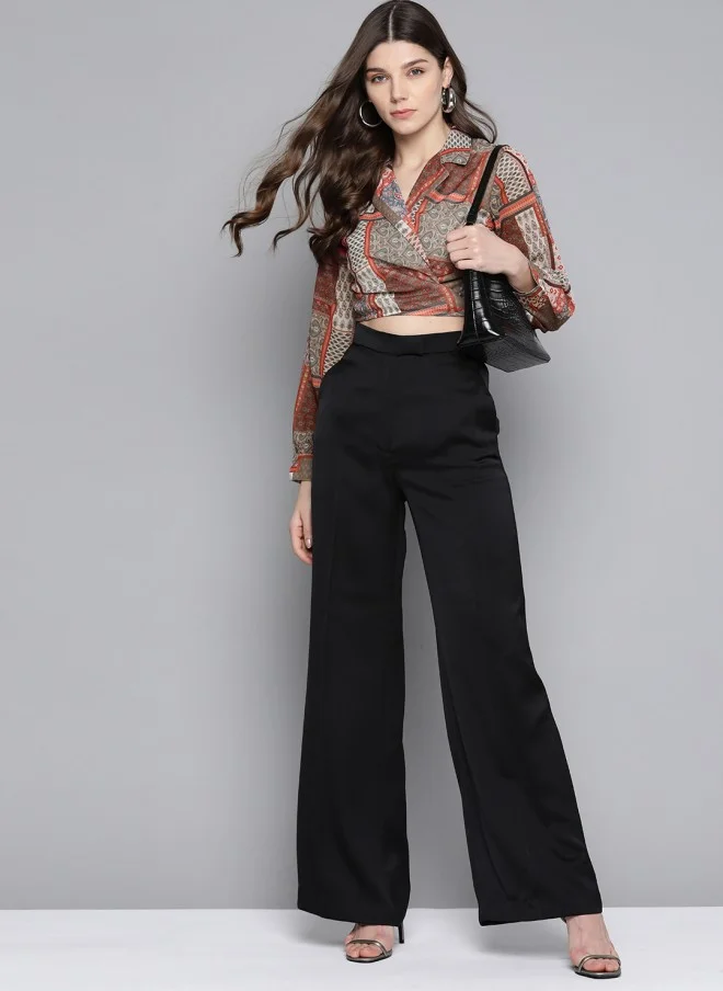 ساسافراس Geometric Printed Brown & Red Wrap Crop Top for Women