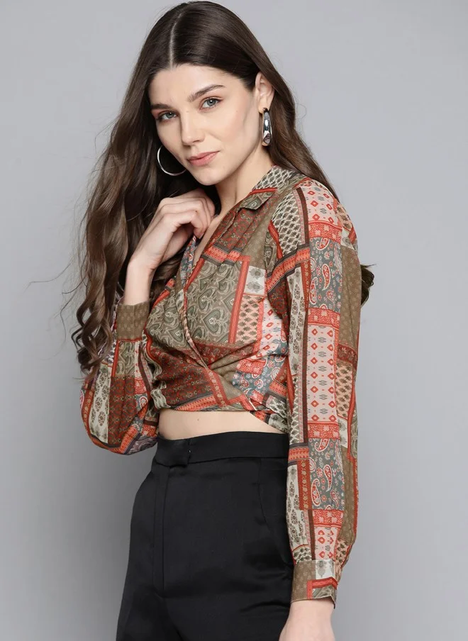 ساسافراس Geometric Printed Brown & Red Wrap Crop Top for Women