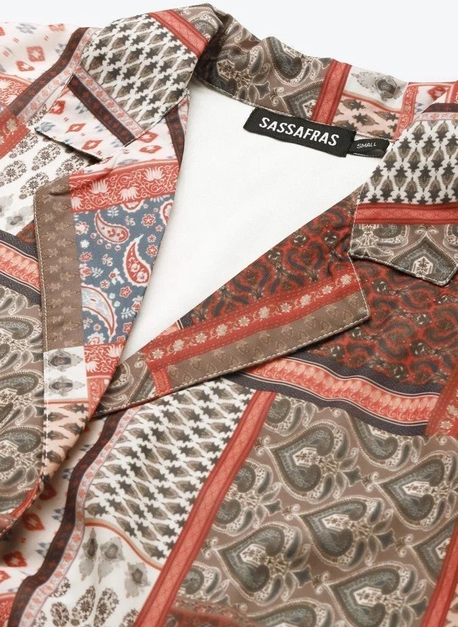 SASSAFRAS Geometric Printed Brown & Red Wrap Crop Top for Women