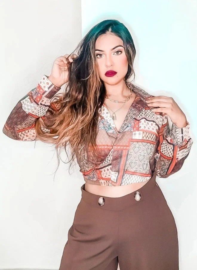 SASSAFRAS Geometric Printed Brown & Red Wrap Crop Top for Women