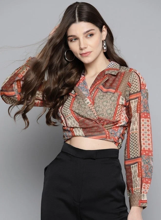SASSAFRAS Geometric Printed Brown & Red Wrap Crop Top for Women
