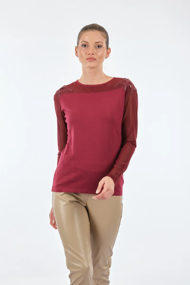 Twomail Crew Neck Bead Detailed Long Sleeve Wine Women's Knitwear MK2250020176