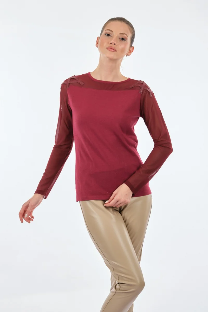 Twomail Crew Neck Bead Detailed Long Sleeve Wine Women's Knitwear MK2250020176