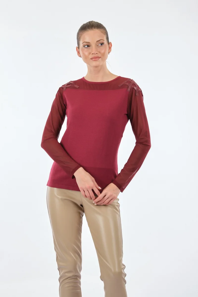 Twomail Crew Neck Bead Detailed Long Sleeve Wine Women's Knitwear MK2250020176