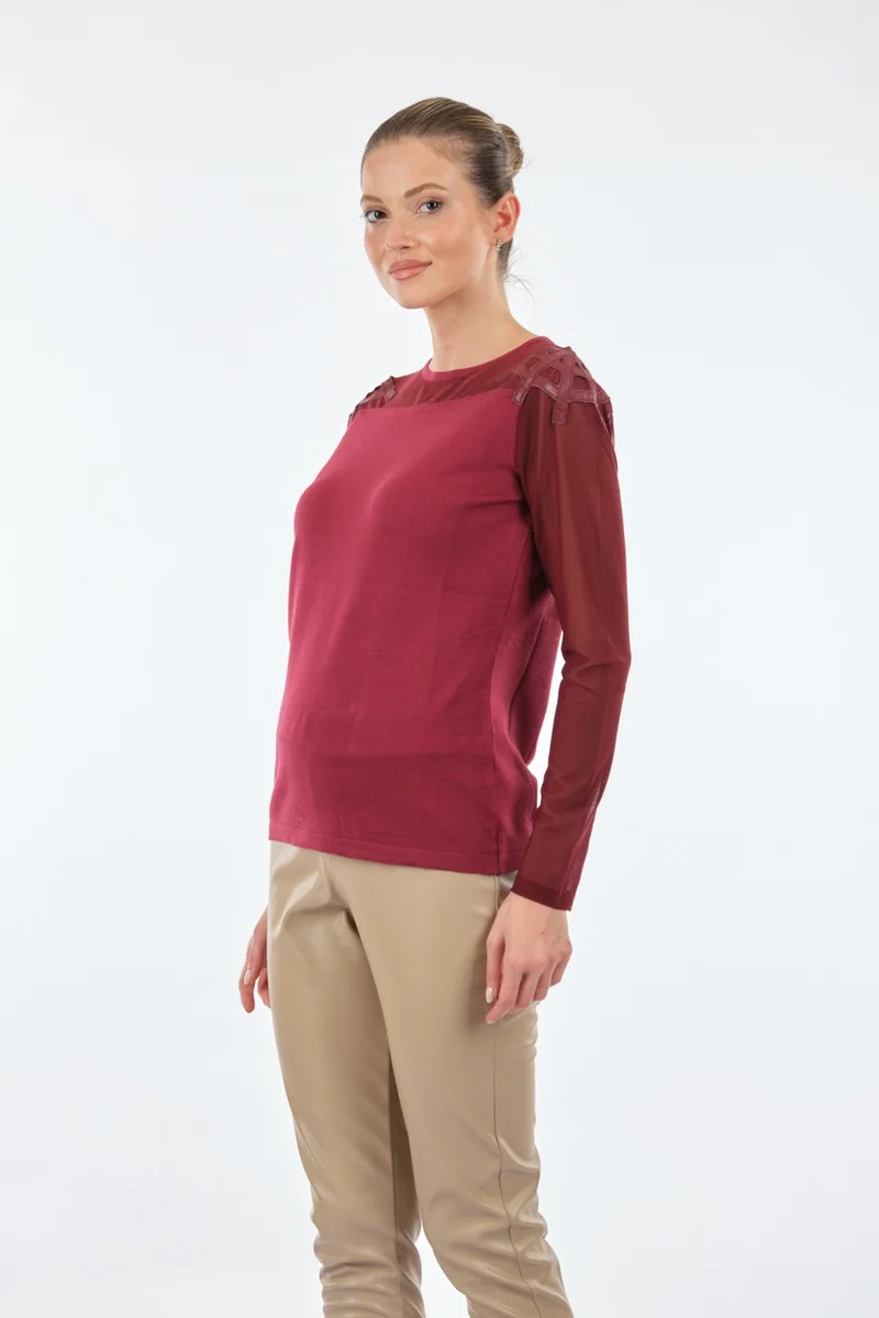 Twomail Crew Neck Bead Detailed Long Sleeve Wine Women's Knitwear MK2250020176