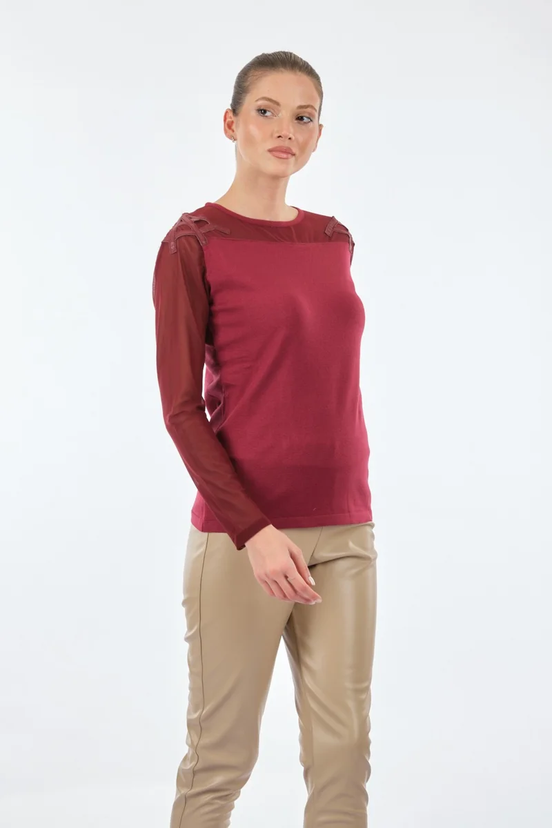 Twomail Crew Neck Bead Detailed Long Sleeve Wine Women's Knitwear MK2250020176