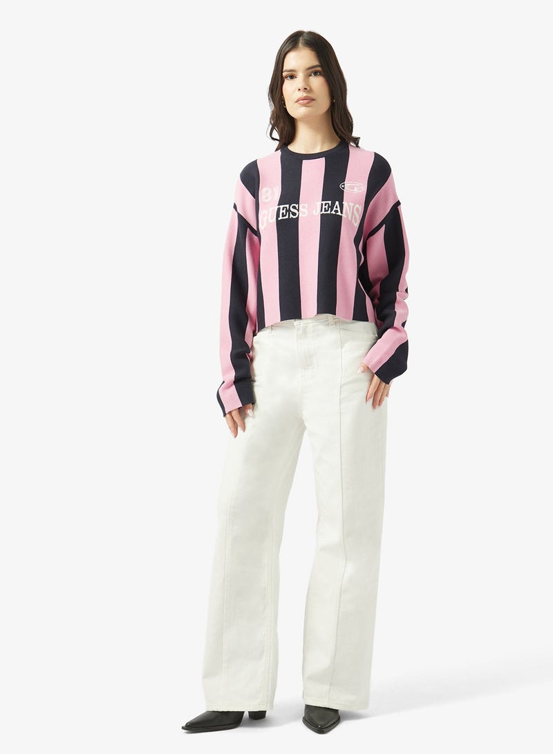 جس كنزة مخططة بياقة دائرية وأكمام طويلة - Image 4