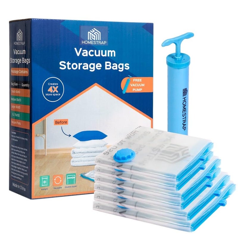 HomeStrap Vacuum Storage Bags with Pump (Pack of 6) 2 Small 2 Medium 1 Large 1XL| Airtight and Reusable Space Saver Double Ziplock Compression Bags with Vacuum Pump|Creates 4x More Space for Clothes - Image 1