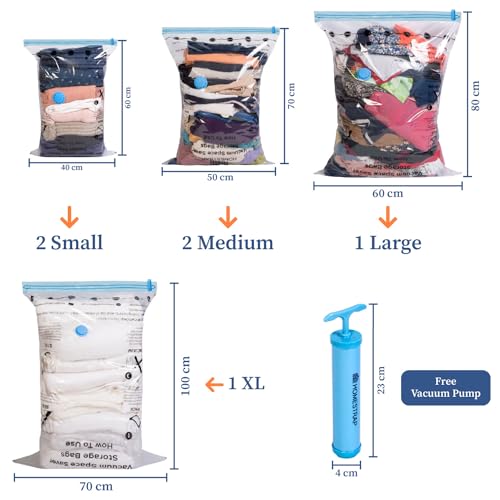 HomeStrap Vacuum Storage Bags with Pump (Pack of 6) 2 Small 2 Medium 1 Large 1XL| Airtight and Reusable Space Saver Double Ziplock Compression Bags with Vacuum Pump|Creates 4x More Space for Clothes - Image 2