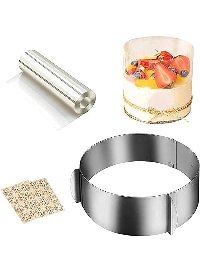 S-TOP 4PCS Cake Baking Tools Set, Cake Collar Clear,Cake Mould Ring Stainless Steel Adjustable 6.5-12 Inch Mousse Cake Baking with Cake Strips Cake Rolls Mousse Cake Acetate Sheet Delicate Stickers - Image 1