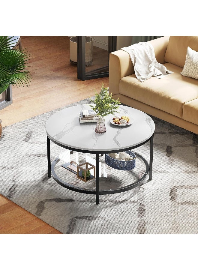 Hometaste Elegance Round Coffee Table With Unique Marble Design And Clear Glass Shelf - Stylish Centerpiece For Living Room Bedroom Or Home Office