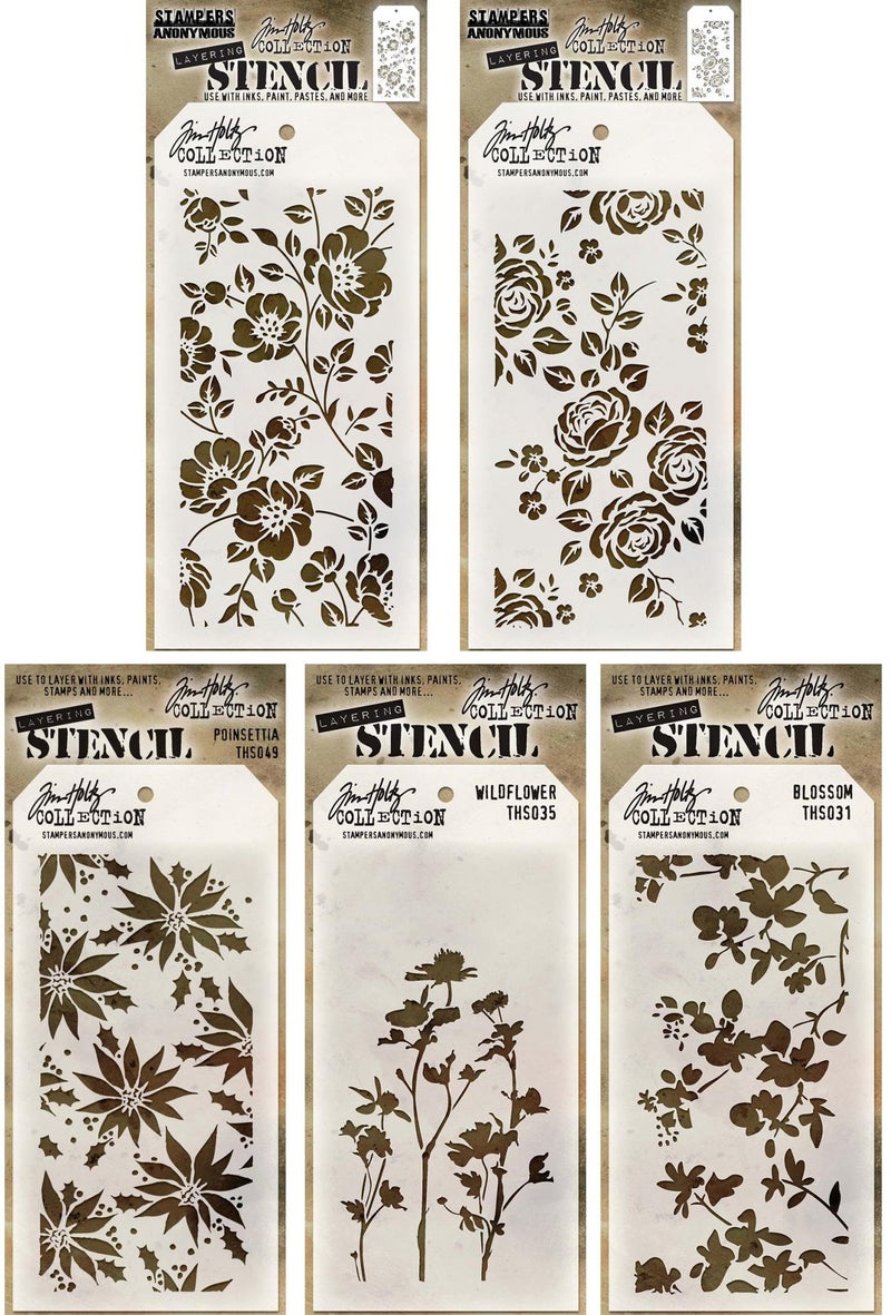 Tim Holtz - Stencils Set 10 ("Flowers") - Five Item Bundle - Roses, Floral, Blossom, Poinsettia, and Wildflower - Image 3