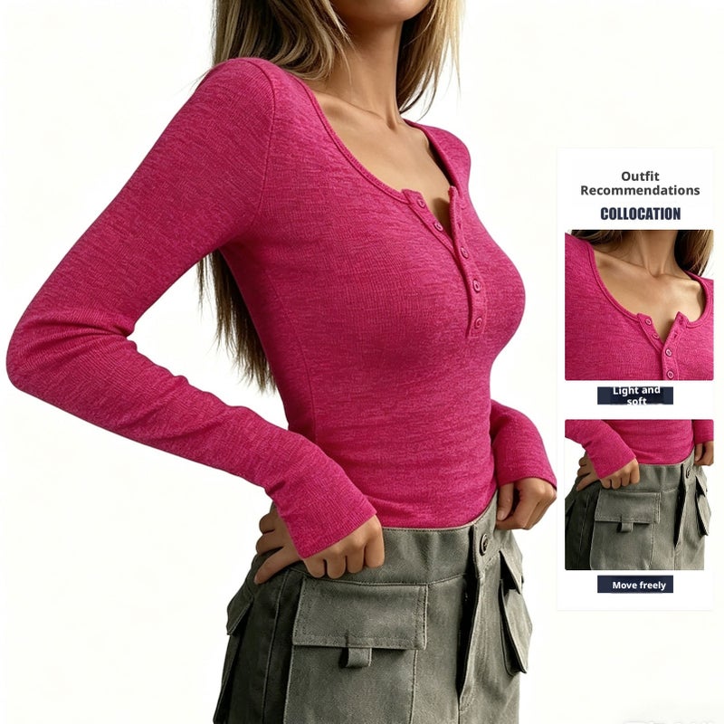 Women's Slim Fit Long Sleeve Knit T-Shirt with Henley Neck - Image 3