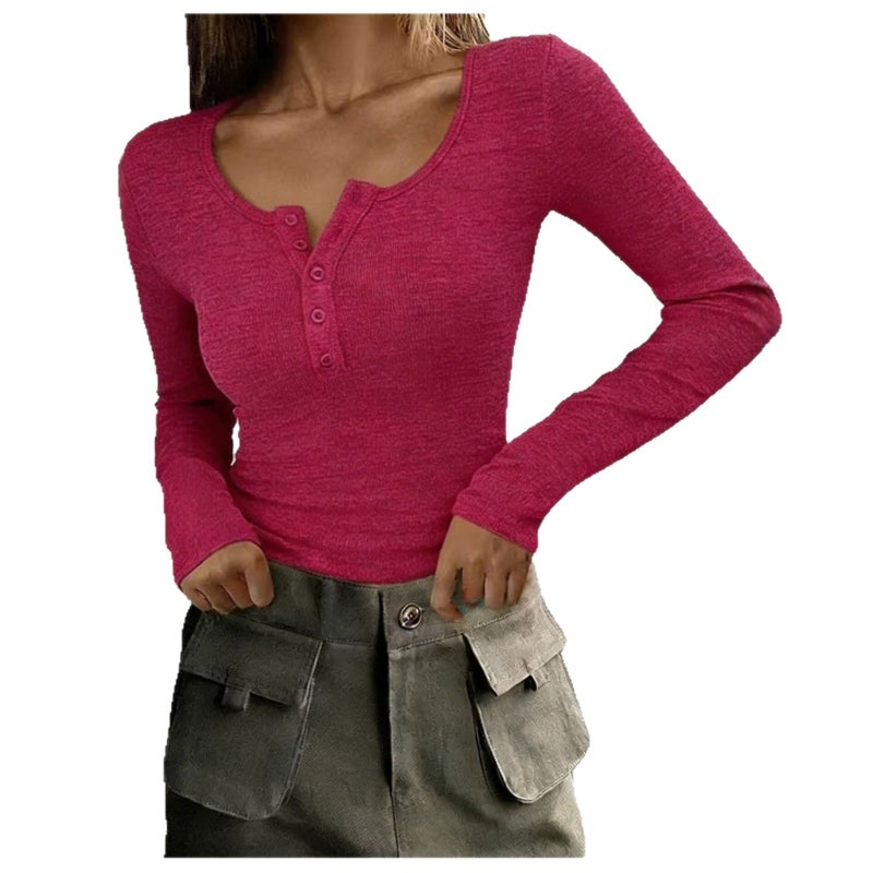 Women's Slim Fit Long Sleeve Knit T-Shirt with Henley Neck - Image 4