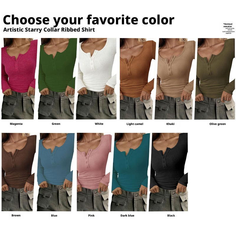 Women's Slim Fit Long Sleeve Knit T-Shirt with Henley Neck - Image 2