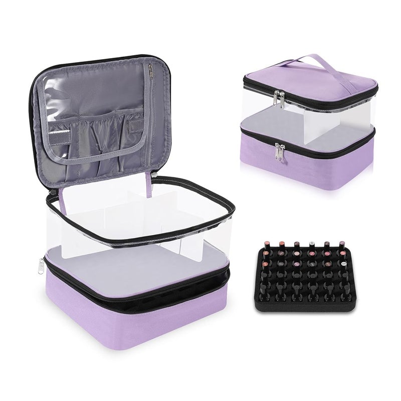 BELOVING Clear Nail Polish Organizer Double layer Nail Polish Holds 30 Bottles and Nail Lamp, Nail Dryer Case Storage Supplies with Adjustable Dividers, Portable Nail Carrying Bag for Nail Tech (Purple)