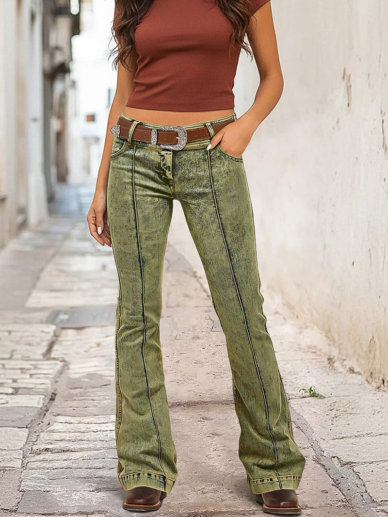 Flamingals Bootcut Mid Waist Stitch Detai Pants for Women Without Belt Green L - Image 5