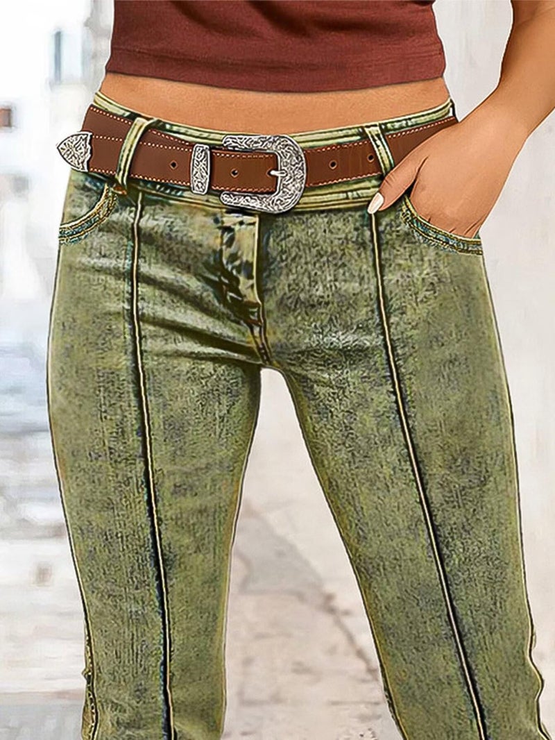 Flamingals Bootcut Mid Waist Stitch Detai Pants for Women Without Belt Green L - Image 2
