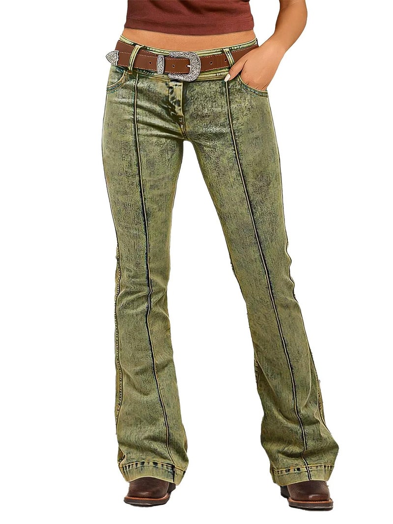 Flamingals Bootcut Mid Waist Stitch Detai Pants for Women Without Belt Green L - Image 1